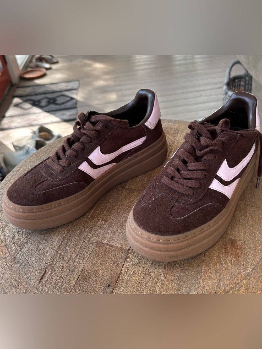 Brown Suede Platform Sneakers with Pink Accent